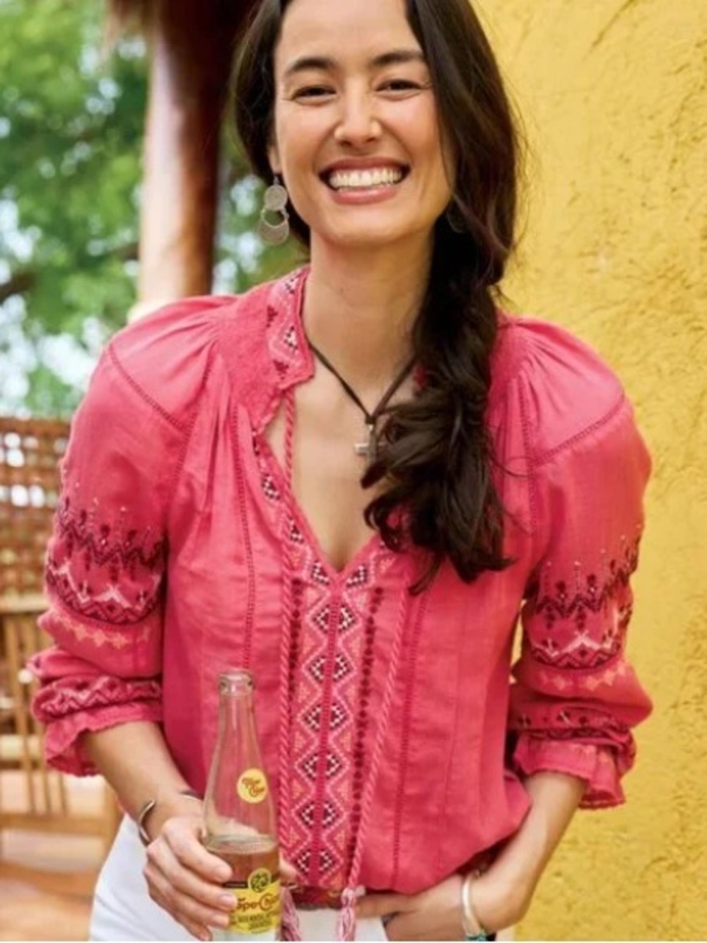 Sundance Embroidered Totora Peasant Blouse Pink Medium